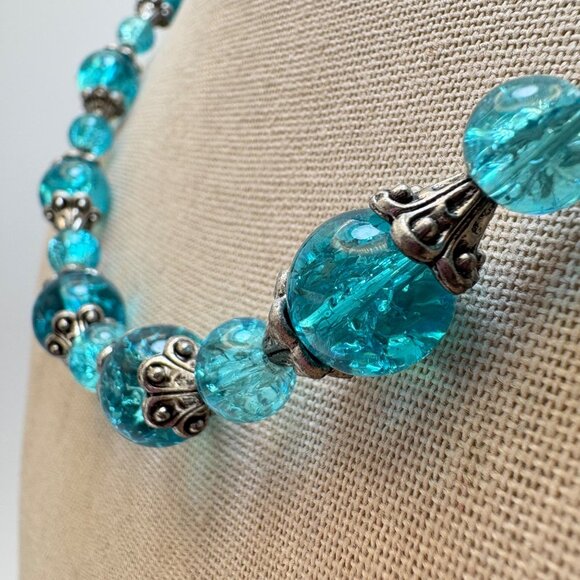 VTG Blue Swirl Bead Silver Scroll Cap Necklace Retro 50's Strand 25" Length - Picture 4 of 7